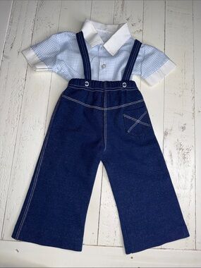 9-12m 1970s vintage Children's Navy Blue Suspender jumper Classic button shirt